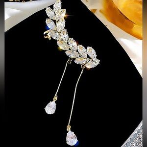 Gold Zircon Leaf Ear Climber Tassel Crystal Rhinestone Earring